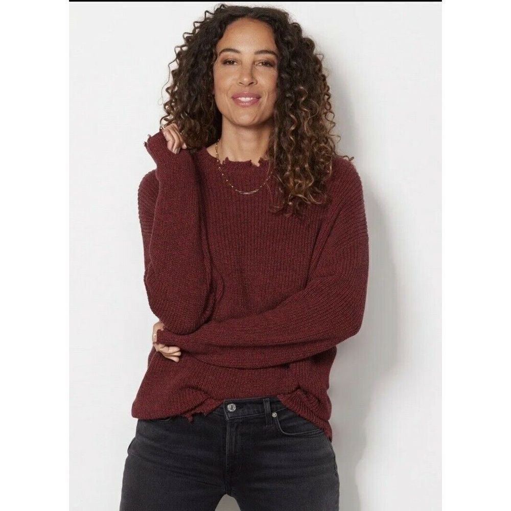 Pistola Distressed Cotton Crew Neck Pullover Sweater in Cherry‎ Black Marl XL